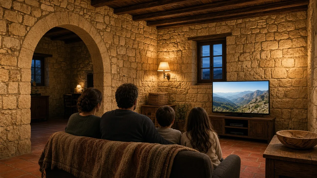 Family evening in front of the TV in a traditional Cypriot stone village house