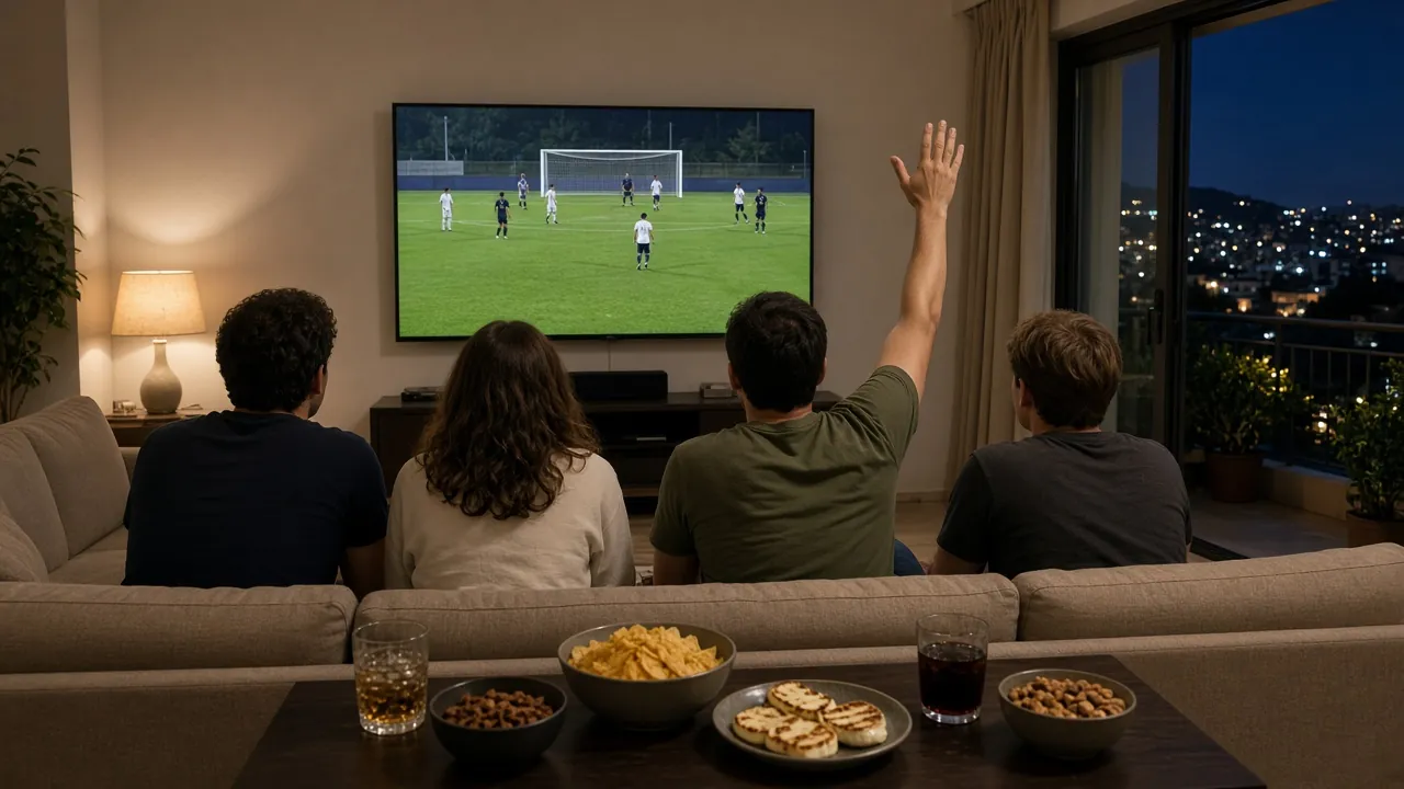 Friends watching a live football match on TV at home in Cyprus