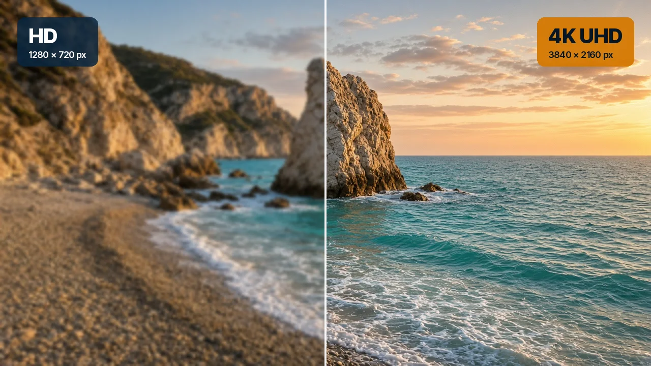 HD and 4K UHD side by side on a photo of the Paphos coast