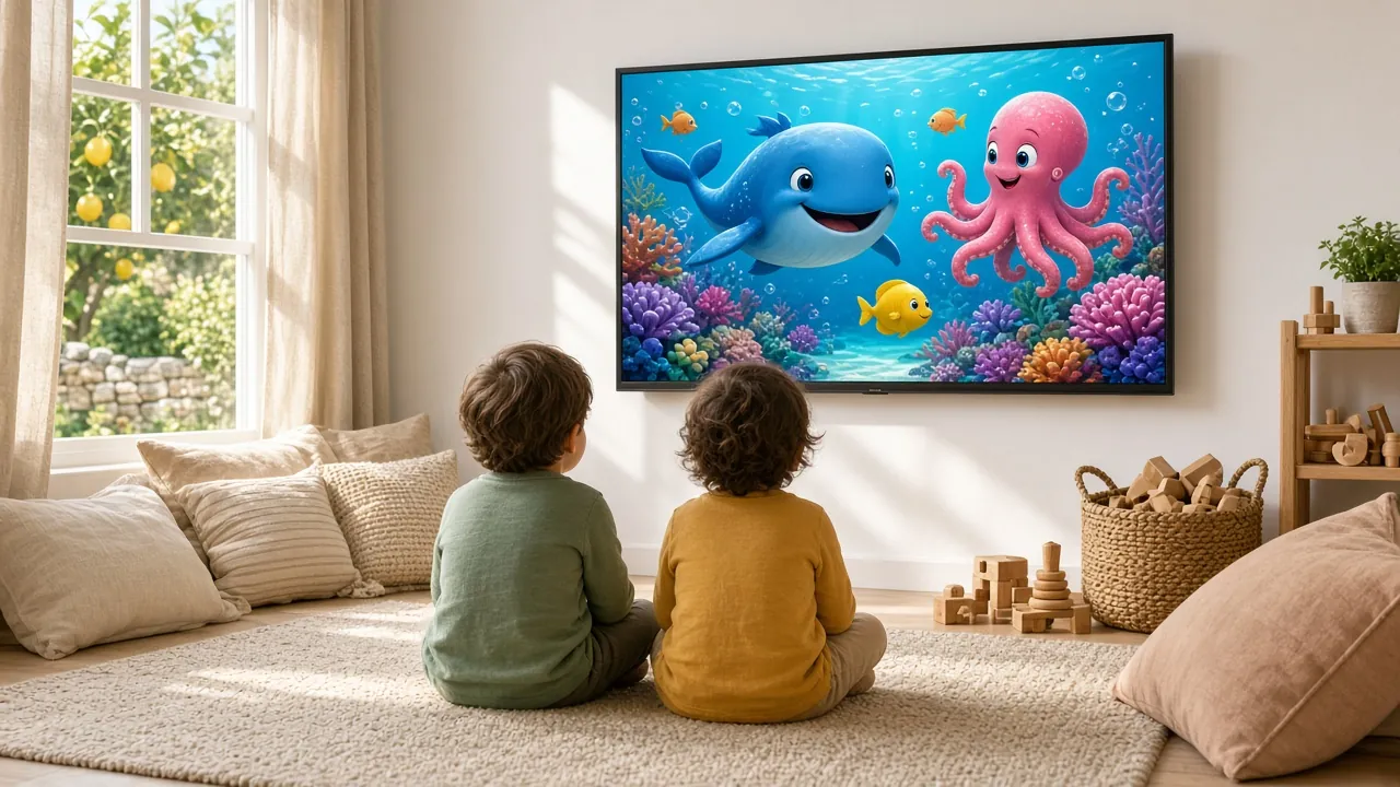 Children watching cartoons on the family TV
