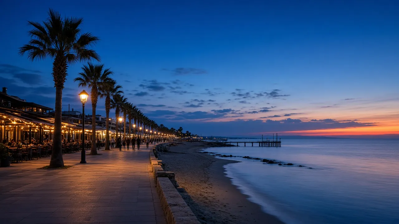 Larnaca seafront promenade with palm trees in the evening