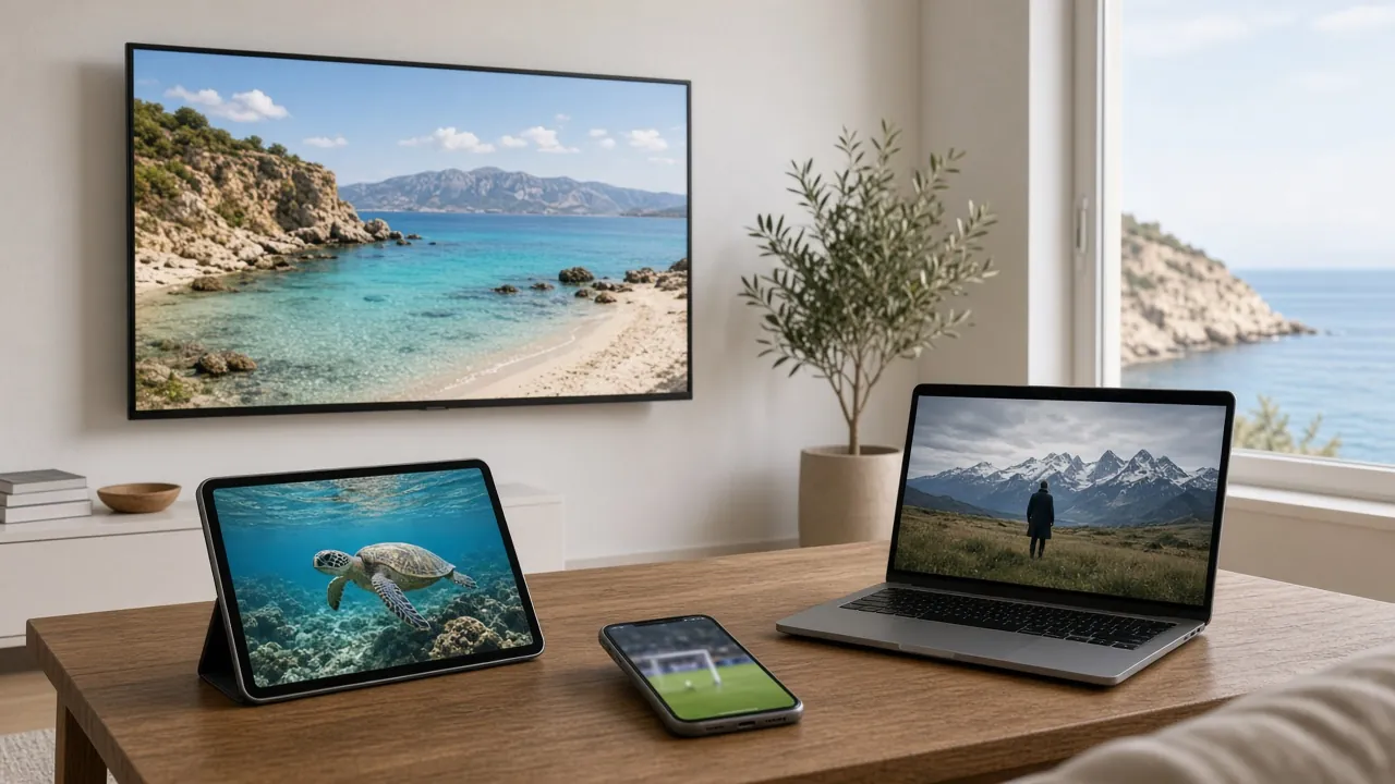 TV, tablet and phone streaming the same channel in a Cyprus home