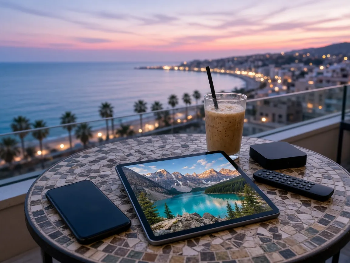 Phone, tablet and TV box ready to use on a Limassol balcony