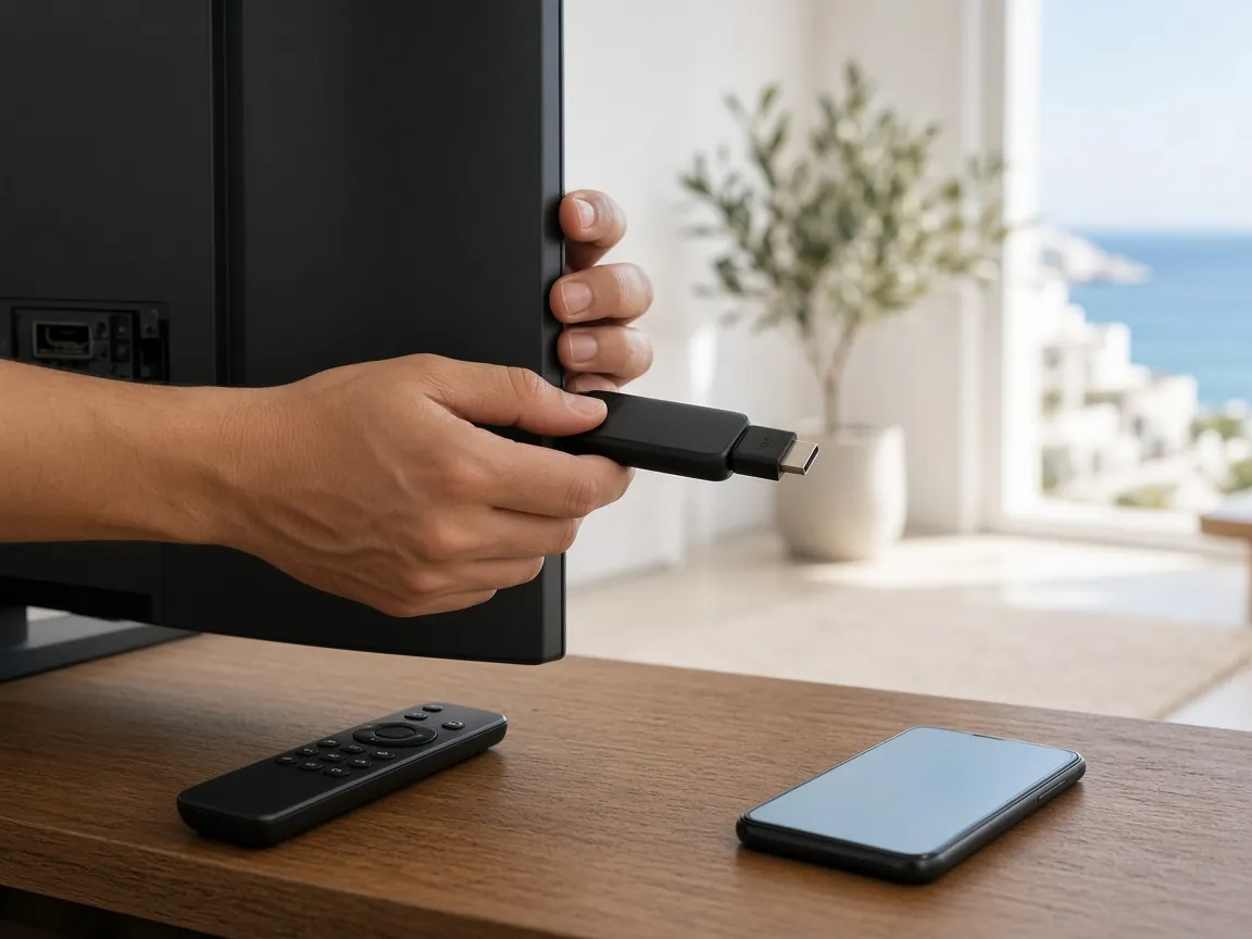 Streaming stick being plugged into the HDMI port of a TV