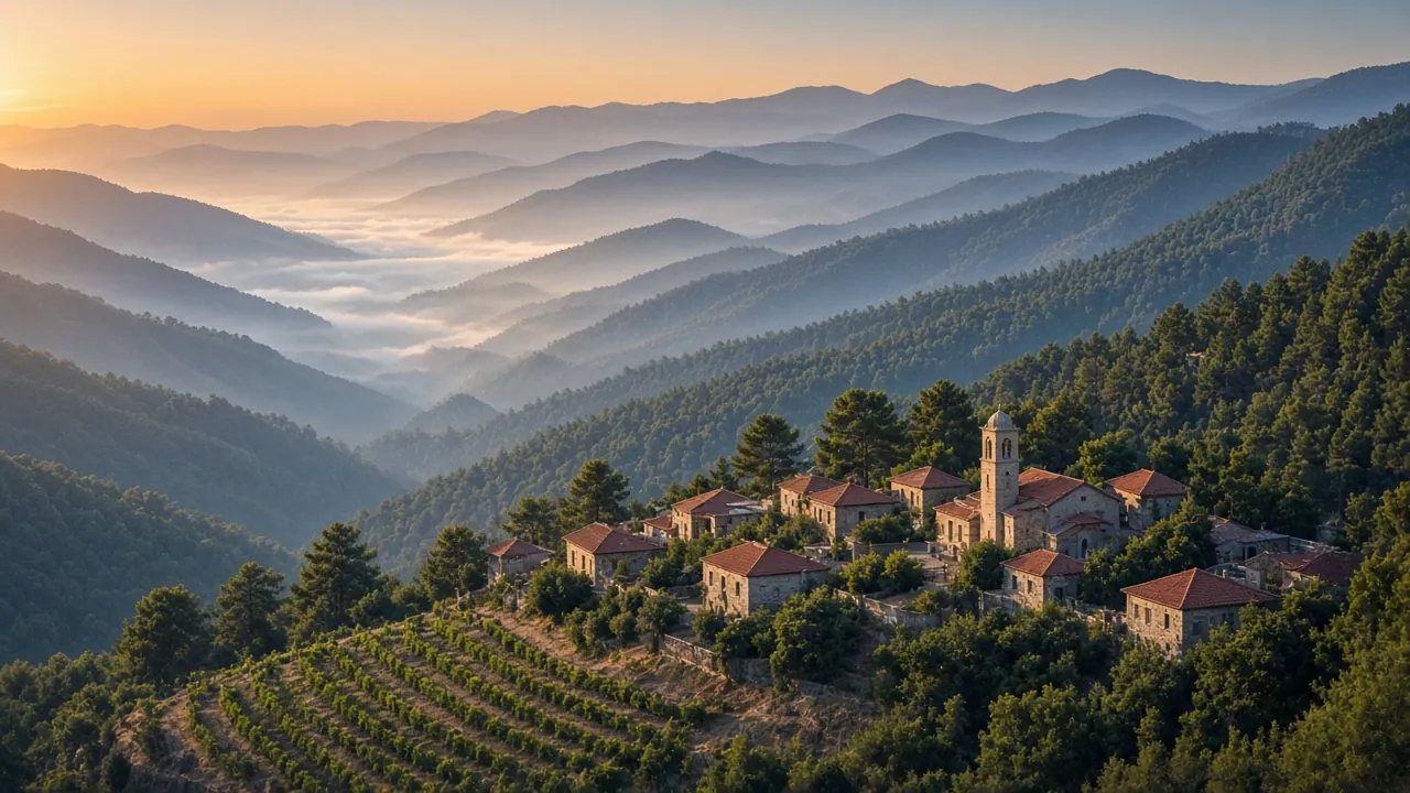 Village in the Troodos Mountains at sunrise